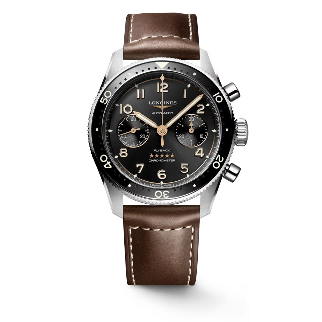 LONGINES SPIRIT FLYBACK Gents Steel Automatic Watch with Black Dial on Brown Leather Strap L3.821.4.53.2