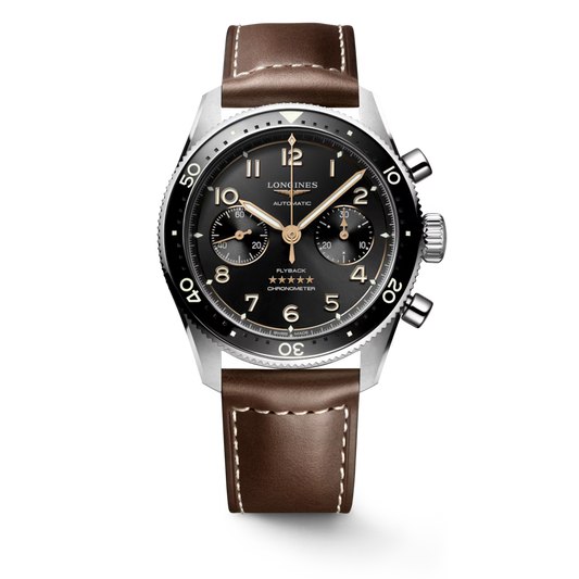 LONGINES SPIRIT FLYBACK Gents Steel Automatic Watch with Black Dial on Brown Leather Strap L3.821.4.53.2