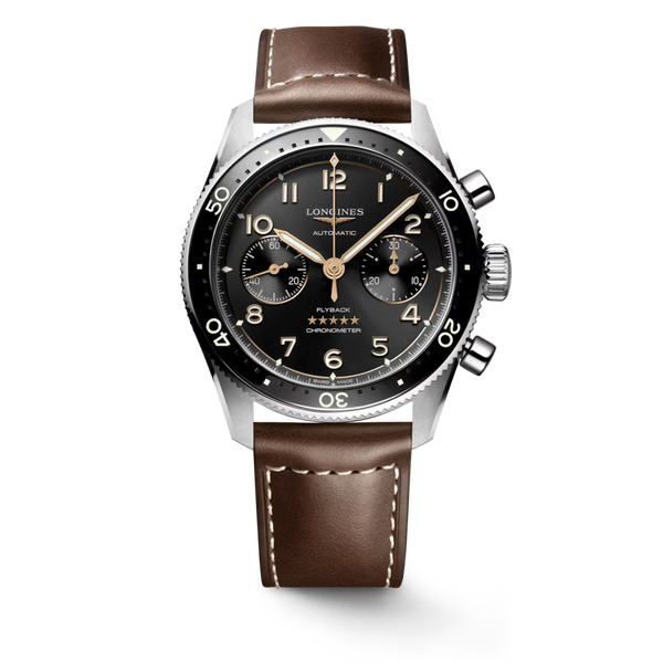 LONGINES SPIRIT FLYBACK Gents Steel Automatic Watch with Black Dial on Brown Leather Strap L3.821.4.53.2