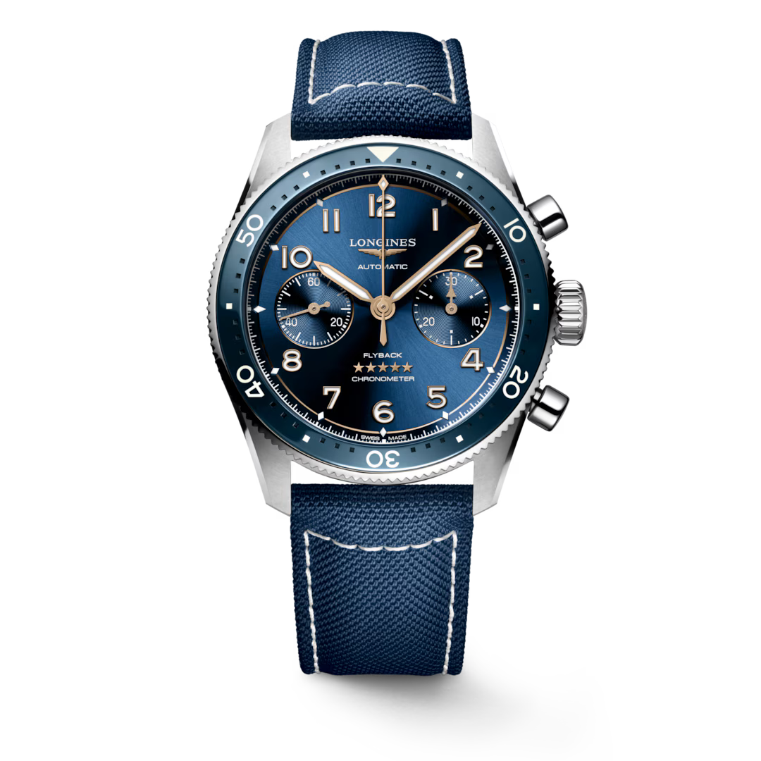 LONGINES SPIRIT FLYBACK Steel Automatic Chronograph Watch L3.821.4.93.2 with a blue dial, blue bezel and blue strap