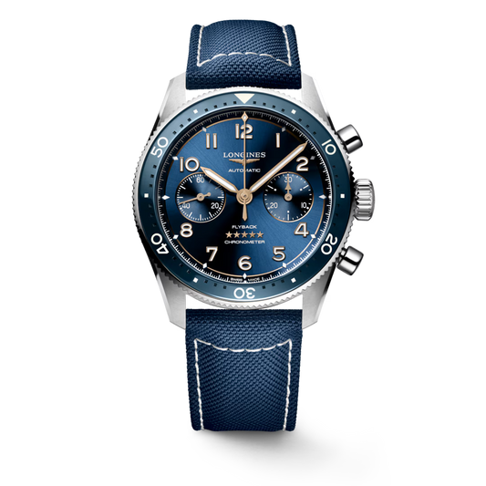 LONGINES SPIRIT FLYBACK Steel Automatic Chronograph Watch L3.821.4.93.2 with a blue dial, blue bezel and blue strap