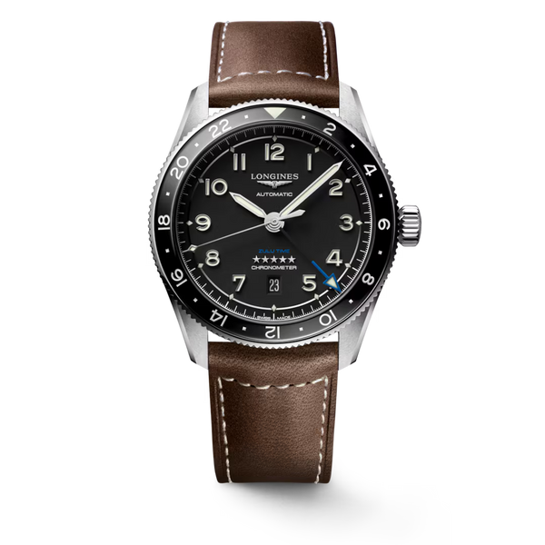 LONGINES SPIRIT ZULU TIME Automatic Date Watch L3.812.4.53.2 in stainless steel with a black dial on a brown leather strap