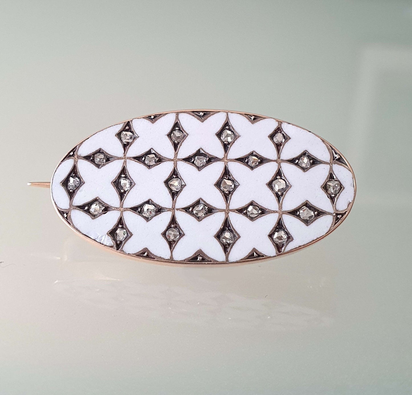 Edwardian Antique White Enamel and Rose Cut Diamond Oval Brooch
