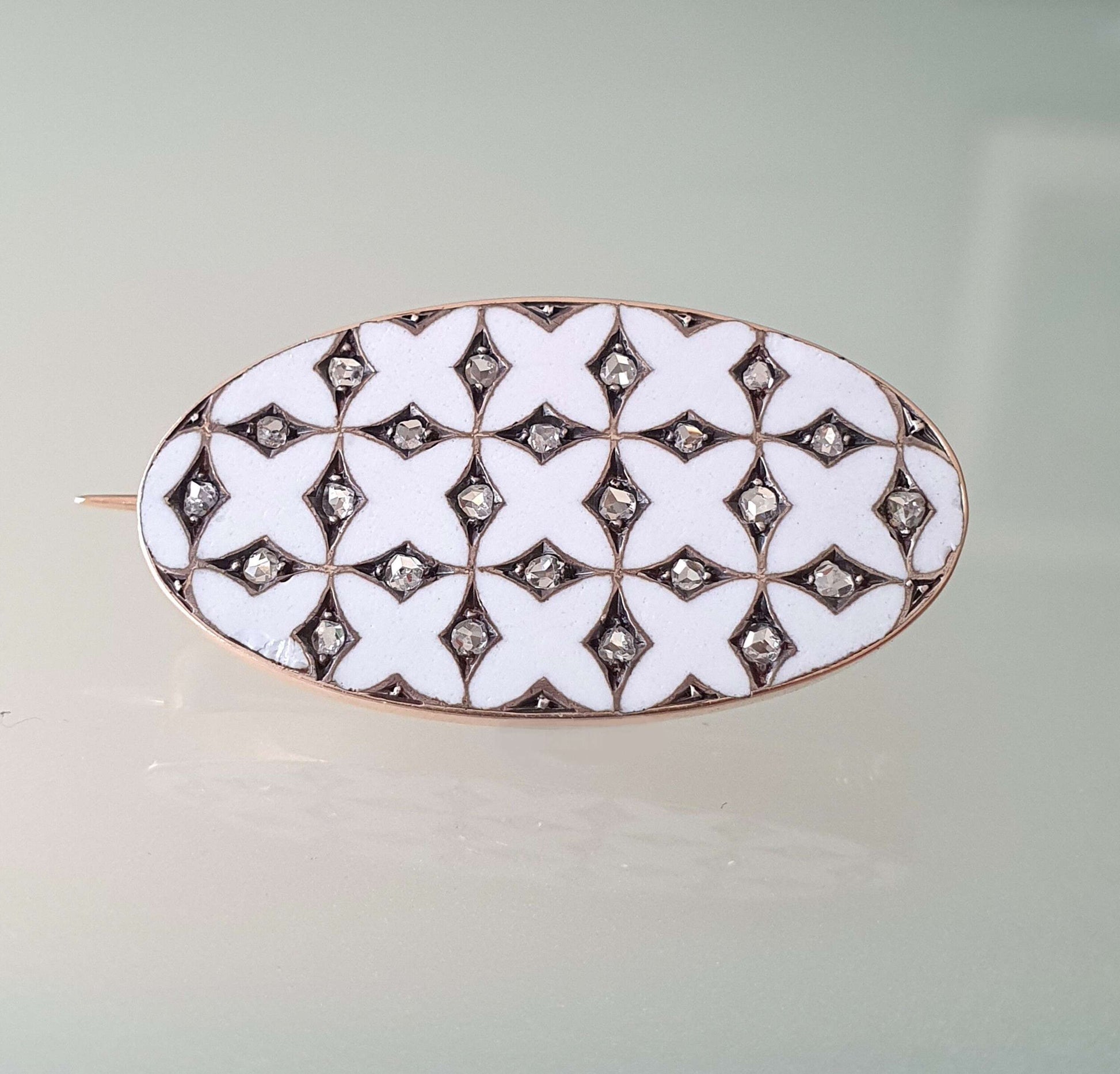 Edwardian Antique White Enamel and Rose Cut Diamond Oval Brooch