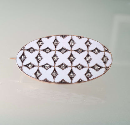 Edwardian Antique White Enamel and Rose Cut Diamond Oval Brooch