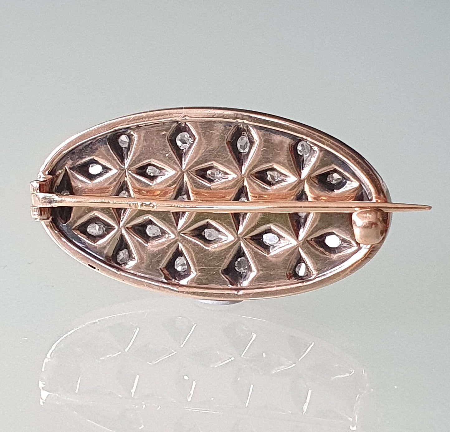 Edwardian Antique White Enamel and Rose Cut Diamond Oval Brooch