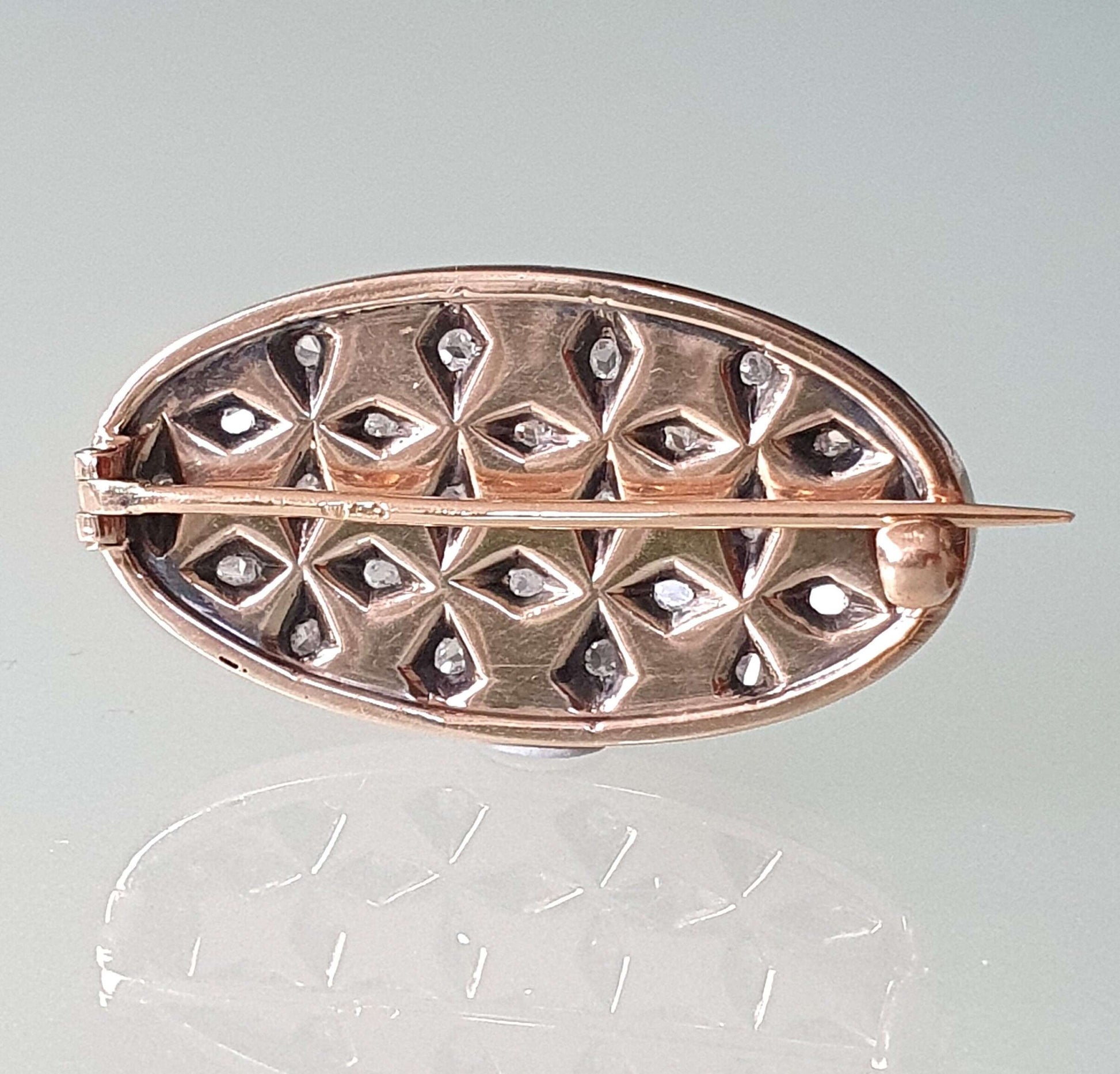 Edwardian Antique White Enamel and Rose Cut Diamond Oval Brooch