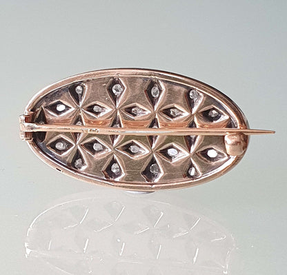 Edwardian Antique White Enamel and Rose Cut Diamond Oval Brooch