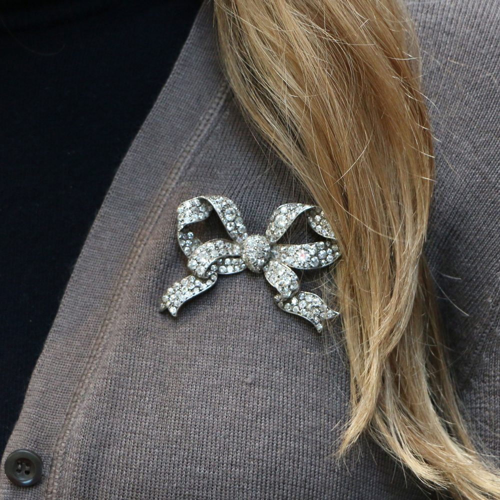 Antique Victorian Diamond Bow Brooch in Silver and Yellow Gold