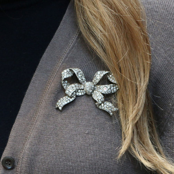 Antique Victorian Diamond Bow Brooch in Silver and Yellow Gold