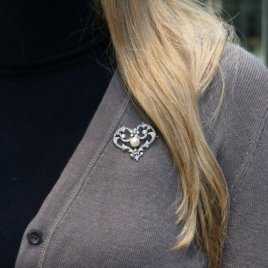 Antique Edwardian Pearl and Diamond Openwork Heart Brooch in Platinum