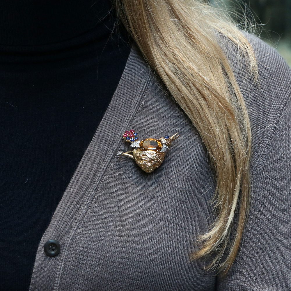 French 18ct Gold Nesting Bird Brooch with Citrine, Ruby, Sapphire and Diamond