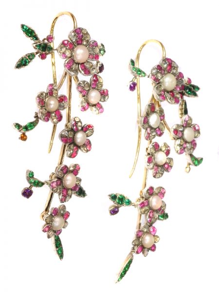 Rococo Style Old Cut Diamond Pearl and Ruby Flower Drop Earrings