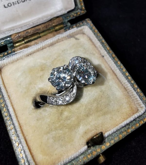 Early 20th century art deco two stone diamond crossover ring toi et moi old cut platinum