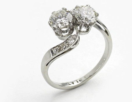 Art Deco Two Stone Diamond Crossover Ring, 1.30 carats