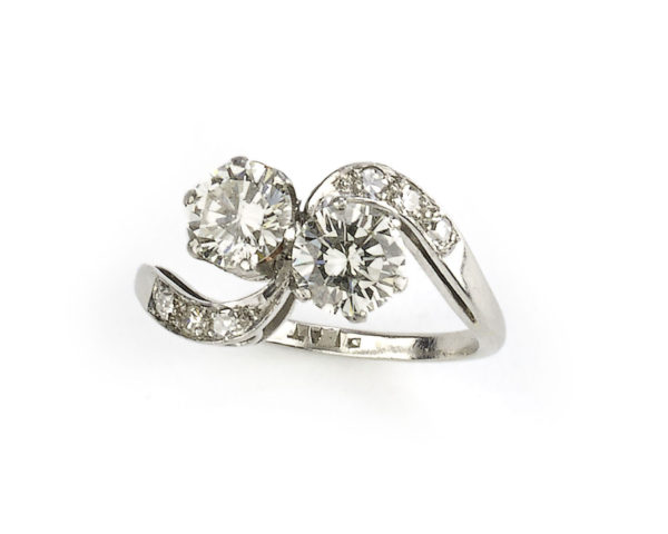 two stone diamond crossover ring platinum round diamonds vintage c 1950