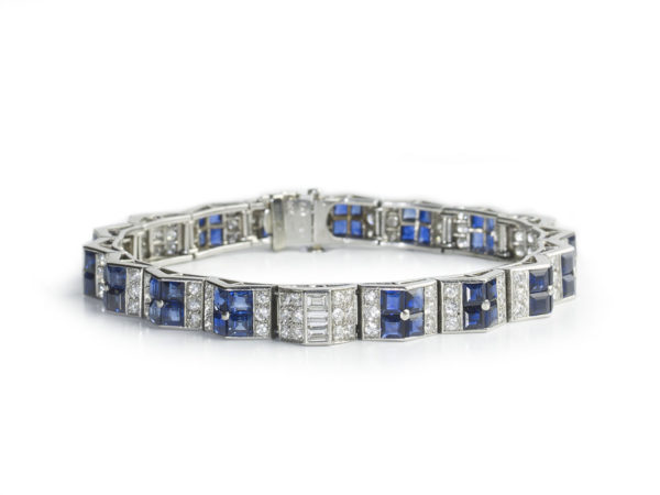 Art deco Cartier sapphire diamond bracelet line calibre platinum 1930
