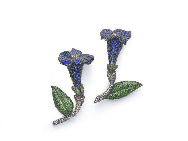 Two Sapphire Tsavorite Garnet Diamond Gentian Flower Brooches