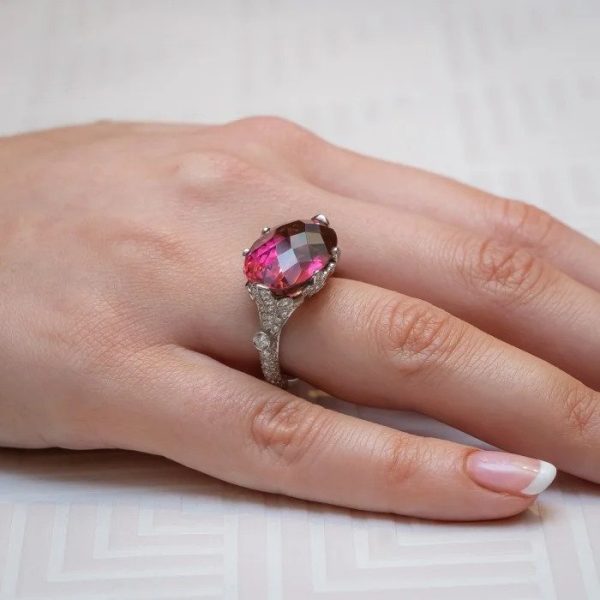 13.95ct Oval Pink Tourmaline and Diamond Cocktail Ring in Platinum