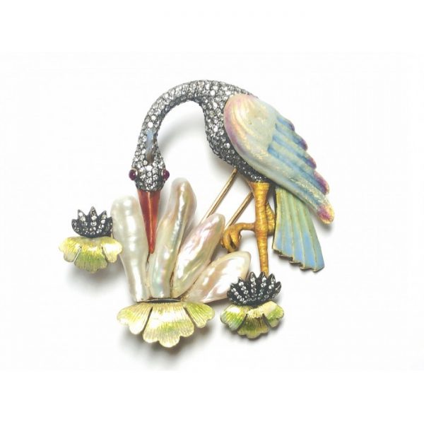 Enamel Crane Bird Brooch with Diamonds and Pearls; with basse taille enamel, pavé set with eight-cut and round brilliant-cut diamonds and Mississippi pearls. Mounted in gold with silver settings