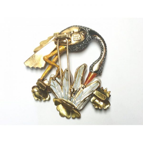 Enamel Crane Bird Brooch with Diamonds and Pearls