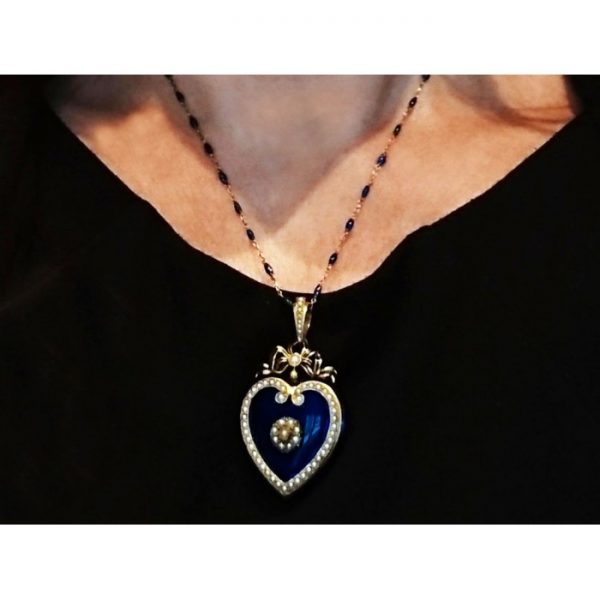 Antique Victorian Blue Enamel Pearl Gold Heart Locket