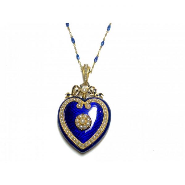 Antique Victorian Blue Enamel Pearl Gold Heart Locket