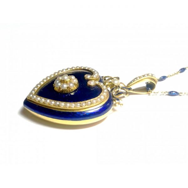 Antique Victorian Blue Enamel Pearl Gold Heart Locket