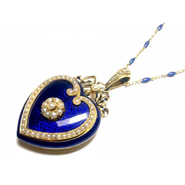 Antique Victorian Blue Enamel Pearl Gold Heart Locket