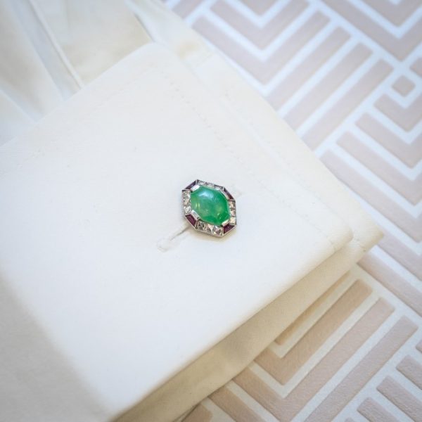 Fine Pair of Art Deco Jade Ruby Diamond Gold Platinum Cufflinks