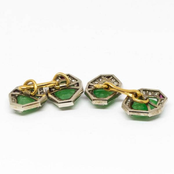 Fine Pair of Art Deco Jade Ruby Diamond Gold Platinum Cufflinks