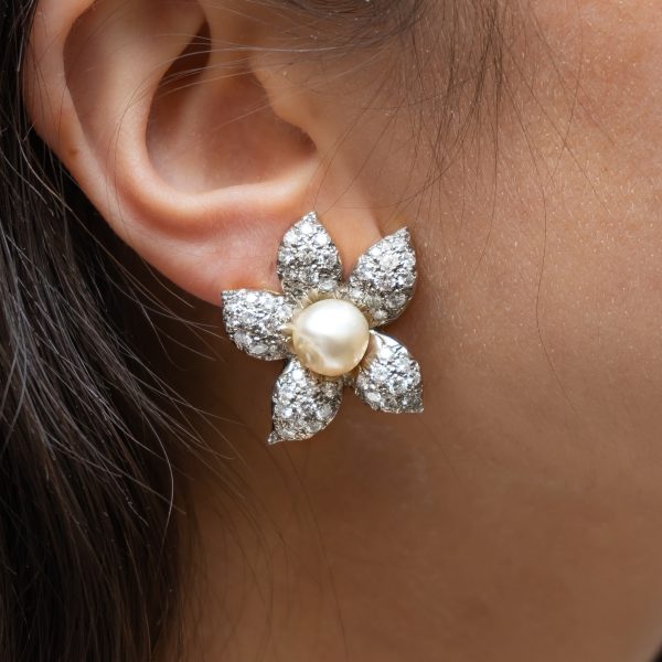 Pearl Diamond Gold Platinum Flower Earrings