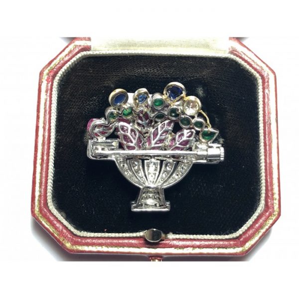 1960s Sapphire Emerald Ruby Diamond Platinum Jardiniére Brooch
