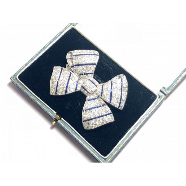 Art Deco Sapphire Diamond Platinum Bow Brooch