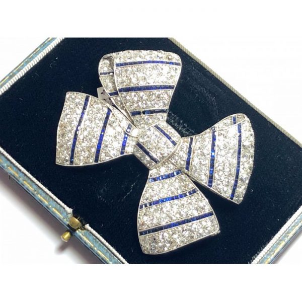 Art Deco Sapphire Diamond Platinum Bow Brooch