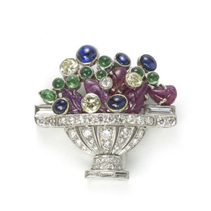 1960s Sapphire Emerald Ruby Diamond Platinum Jardiniére Brooch