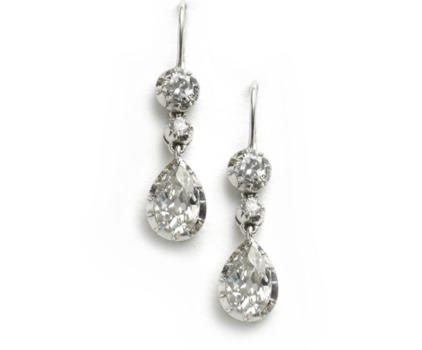Platinum pear shape diamond earrings drops Jewellery Discovery London Tear shape