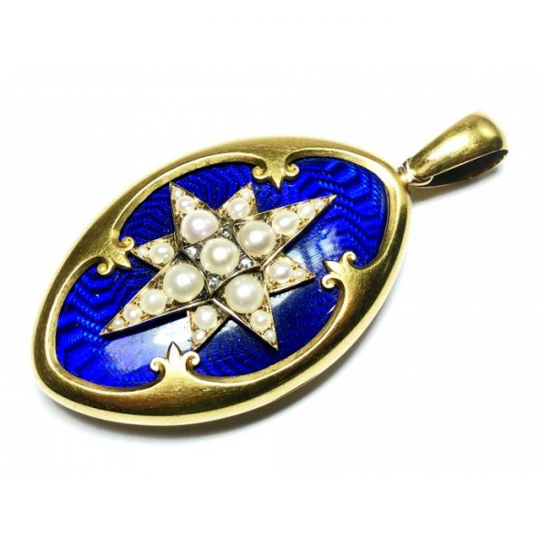 Victorian Blue Enamel Pearl Diamond Gold Locket