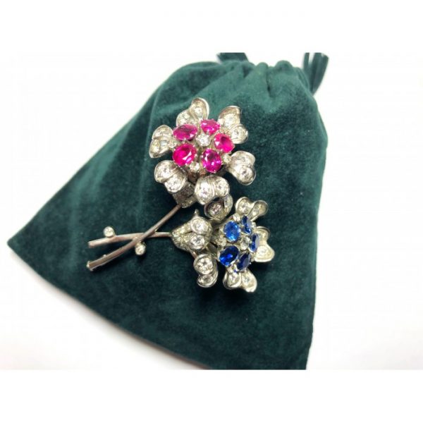 Vintage Sapphire, Diamond & Ruby Flower Brooch