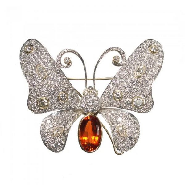Citrine and Diamond En Tremblant Butterfly Brooch in Platinum, 14.60 carats