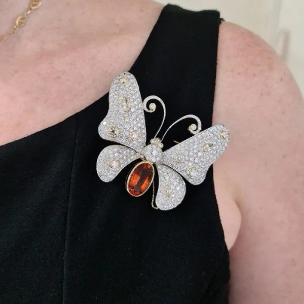 Vintage Citrine and Diamond En Tremblant Butterfly Brooch