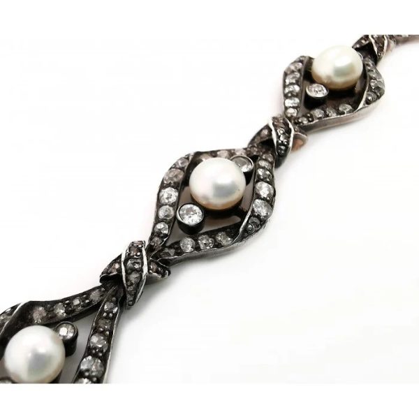 Antique Victorian Pearl Diamond Gold Link Bracelet