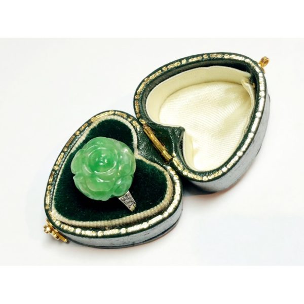 Antique Art Deco Carved Jadeite Jade Diamond Gold Ring