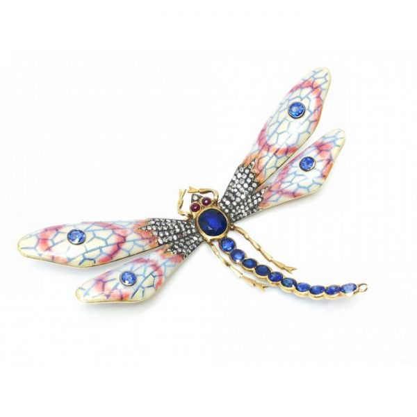 Enamel Sapphire Diamond Gold Dragonfly Brooch