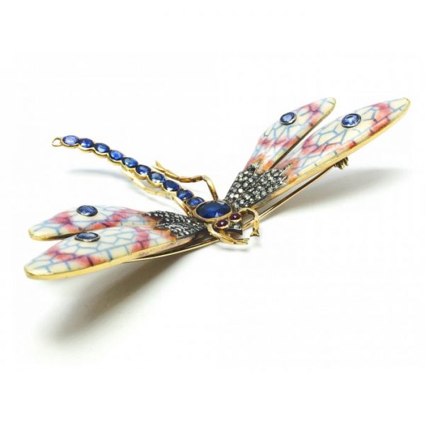 Enamel Sapphire Diamond Gold Dragonfly Brooch