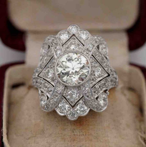 Large Art Deco diamond Ring platinum 1920 old cut
