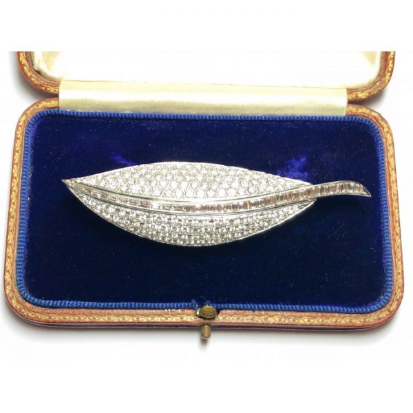 Vintage Diamond Set Gold Platinum Leaf Brooch