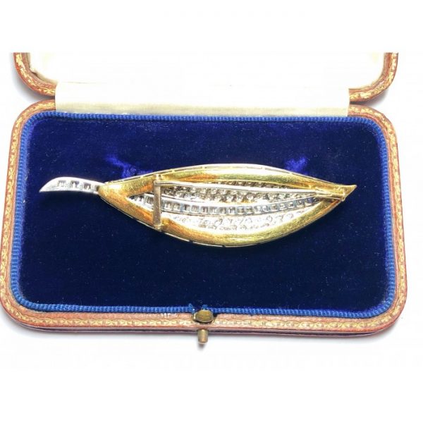 Vintage Diamond Set Gold Platinum Leaf Brooch