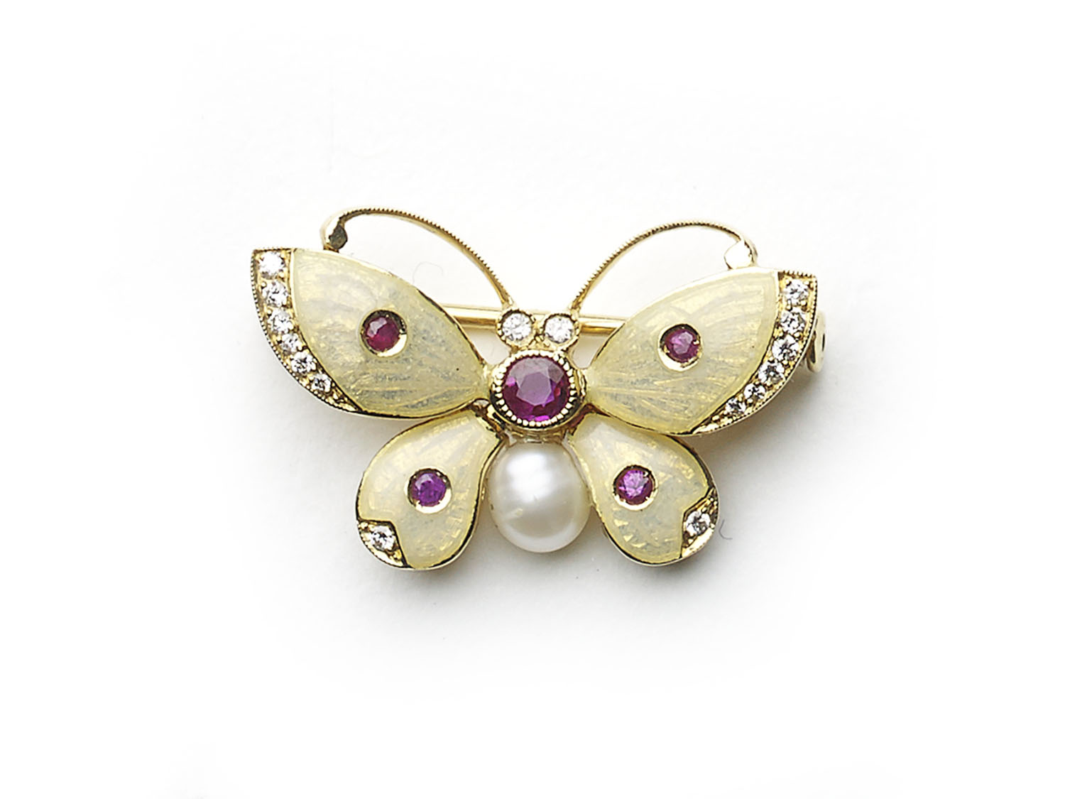 Enamel Pearl Ruby Diamond Gold Butterfly Brooch — Jewellery Discovery 