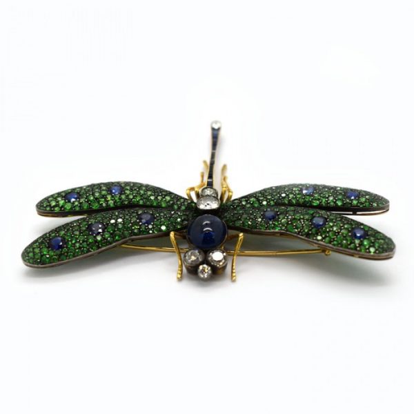 GREEN GARNET, DIAMOND, SAPPHIRE, SILVER AND GOLD DRAGONFLY BROOCH